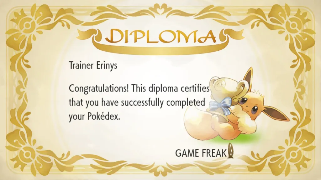 A screen capture of the Let's Go Eevee diploma