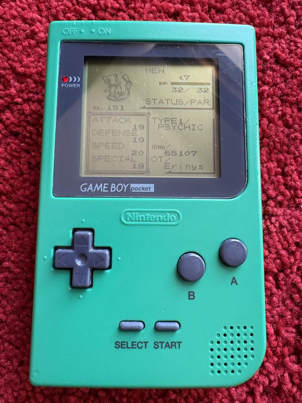 A photo showing Mew captured on a Game Boy Pocket